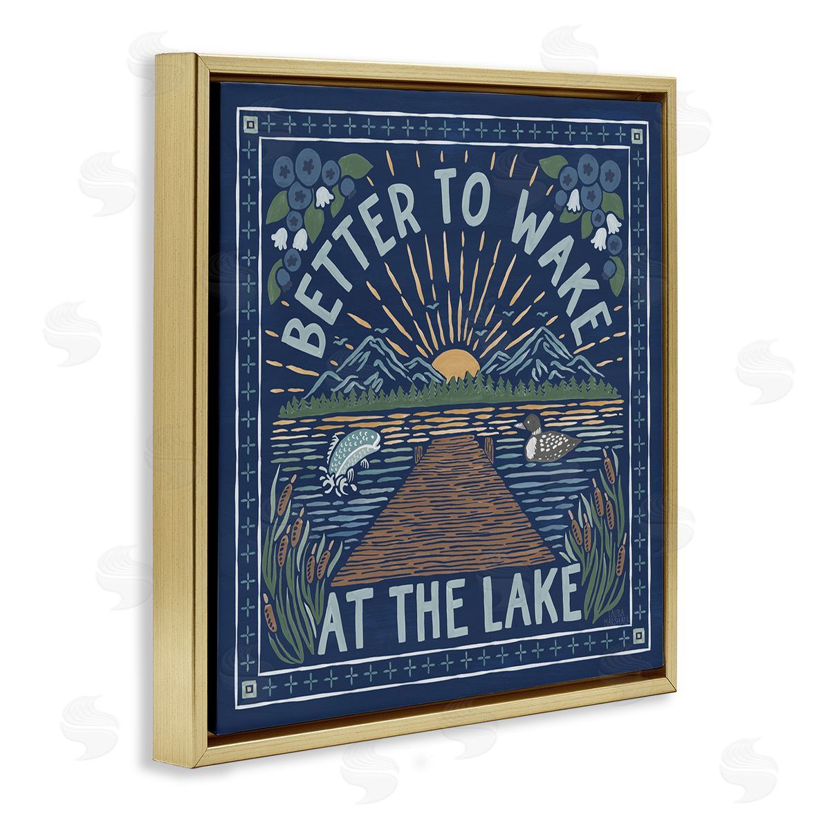 Laura Marshall Blue Wake at Lake Phrase Gold Floating Frame Canvas Wall Art Print