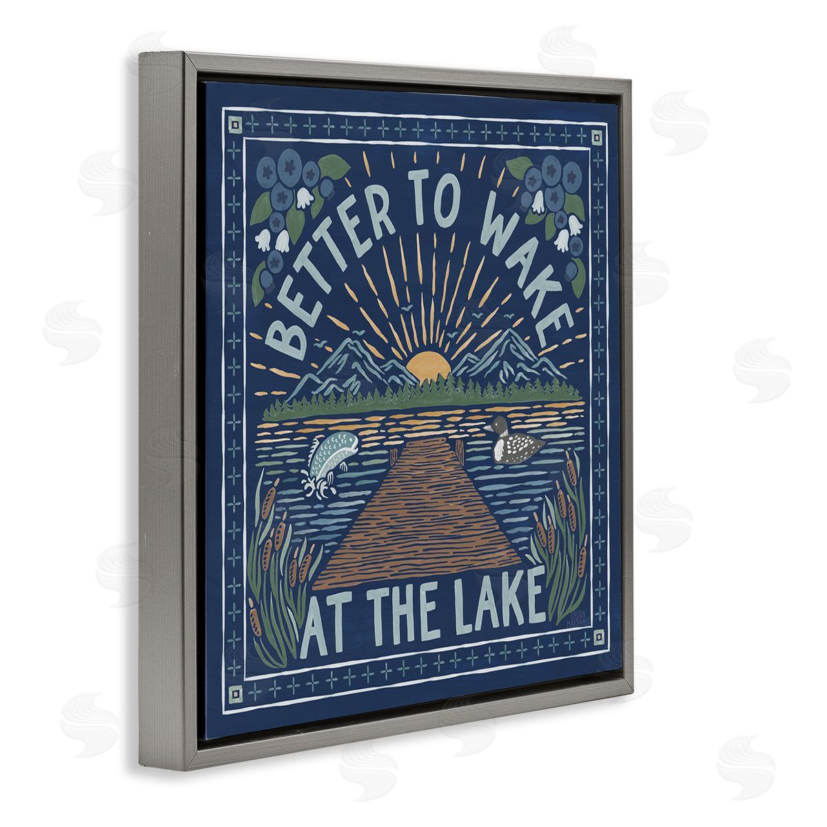 Laura Marshall Blue Wake at Lake Phrase Gray Floating Frame Canvas Wall Art Print