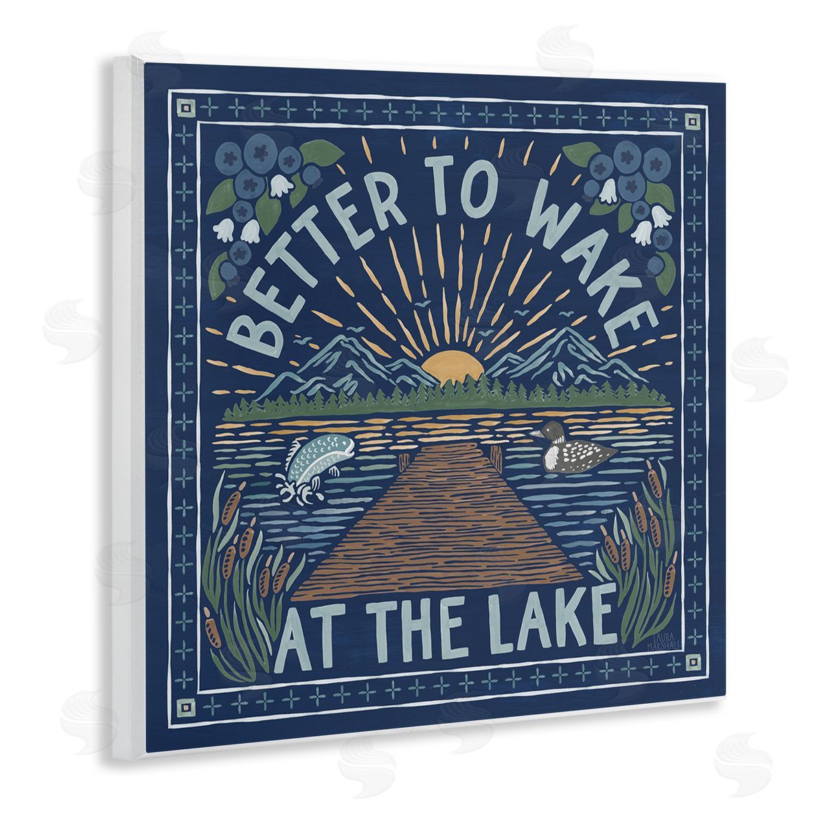 Laura Marshall Blue Wake at Lake Phrase Wooden Wall Plaque Art Print