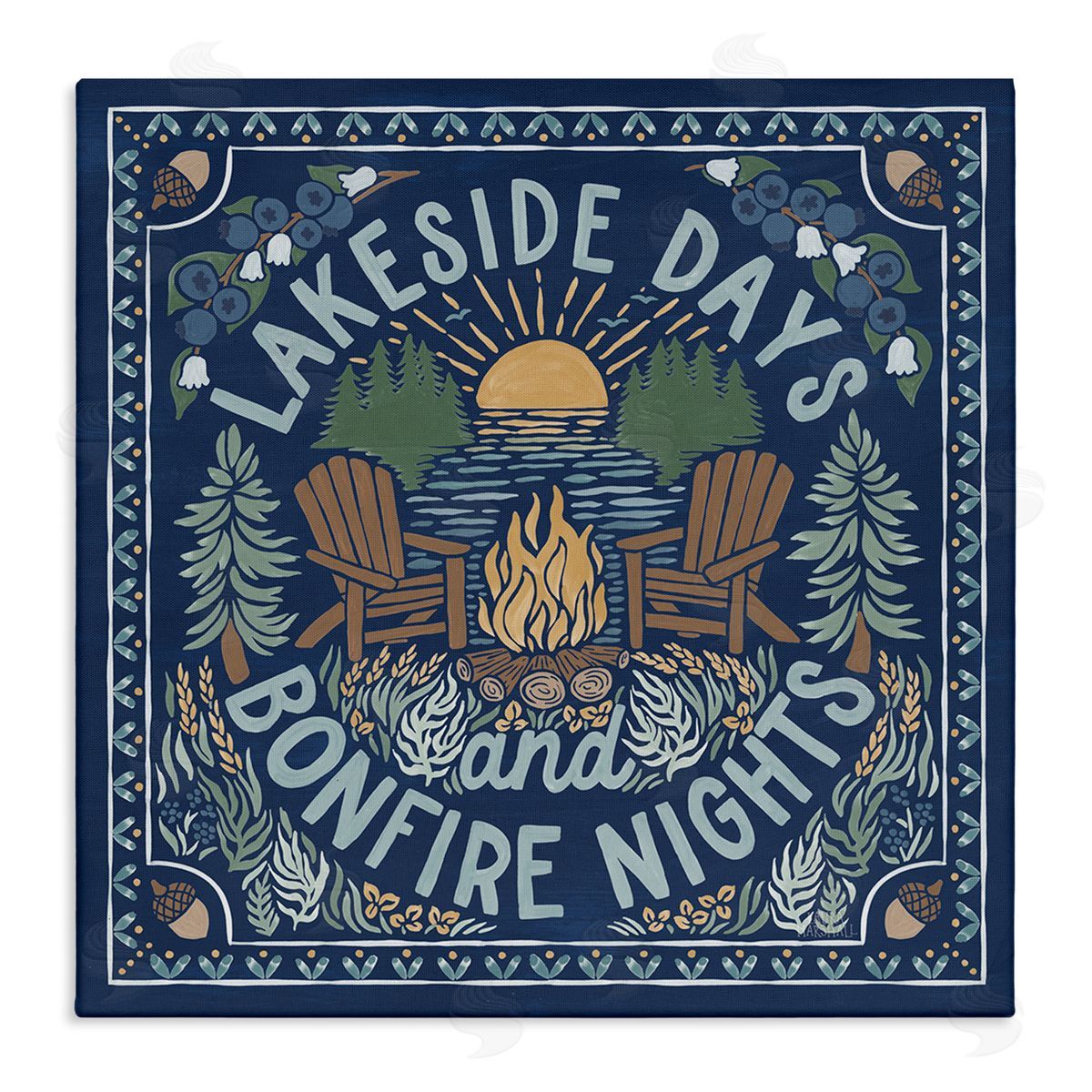 Laura Marshall Lakeside Campfire Phrase Stretched Canvas Wall Art Print