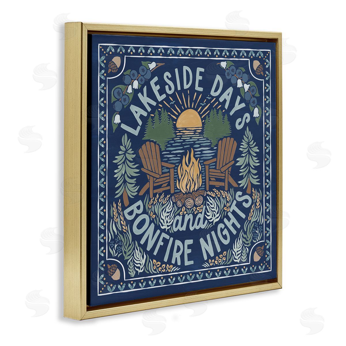 Laura Marshall Lakeside Campfire Phrase Gold Floating Frame Canvas Wall Art Print