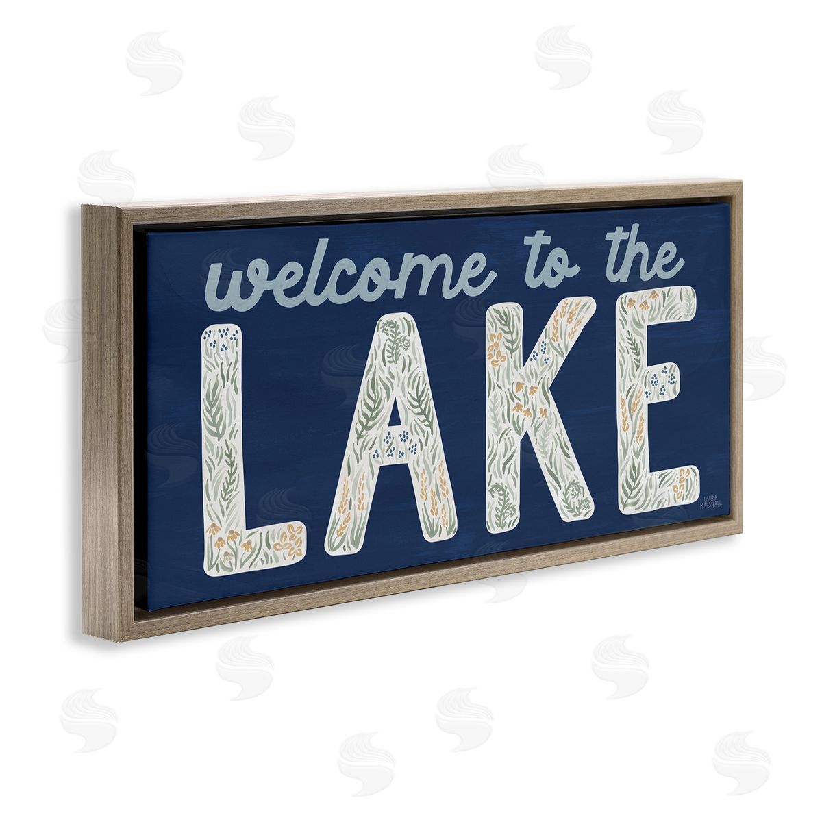 Laura Marshall Welcome Lake Floral Phrase Brown Floating Frame Canvas Wall Art Print