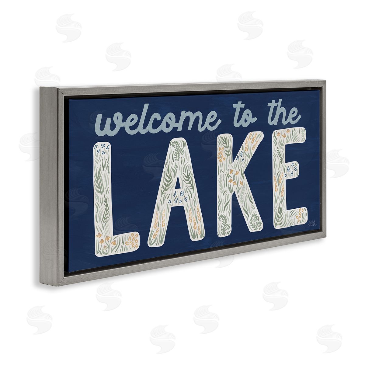 Laura Marshall Welcome Lake Floral Phrase Gray Floating Frame Canvas Wall Art Print