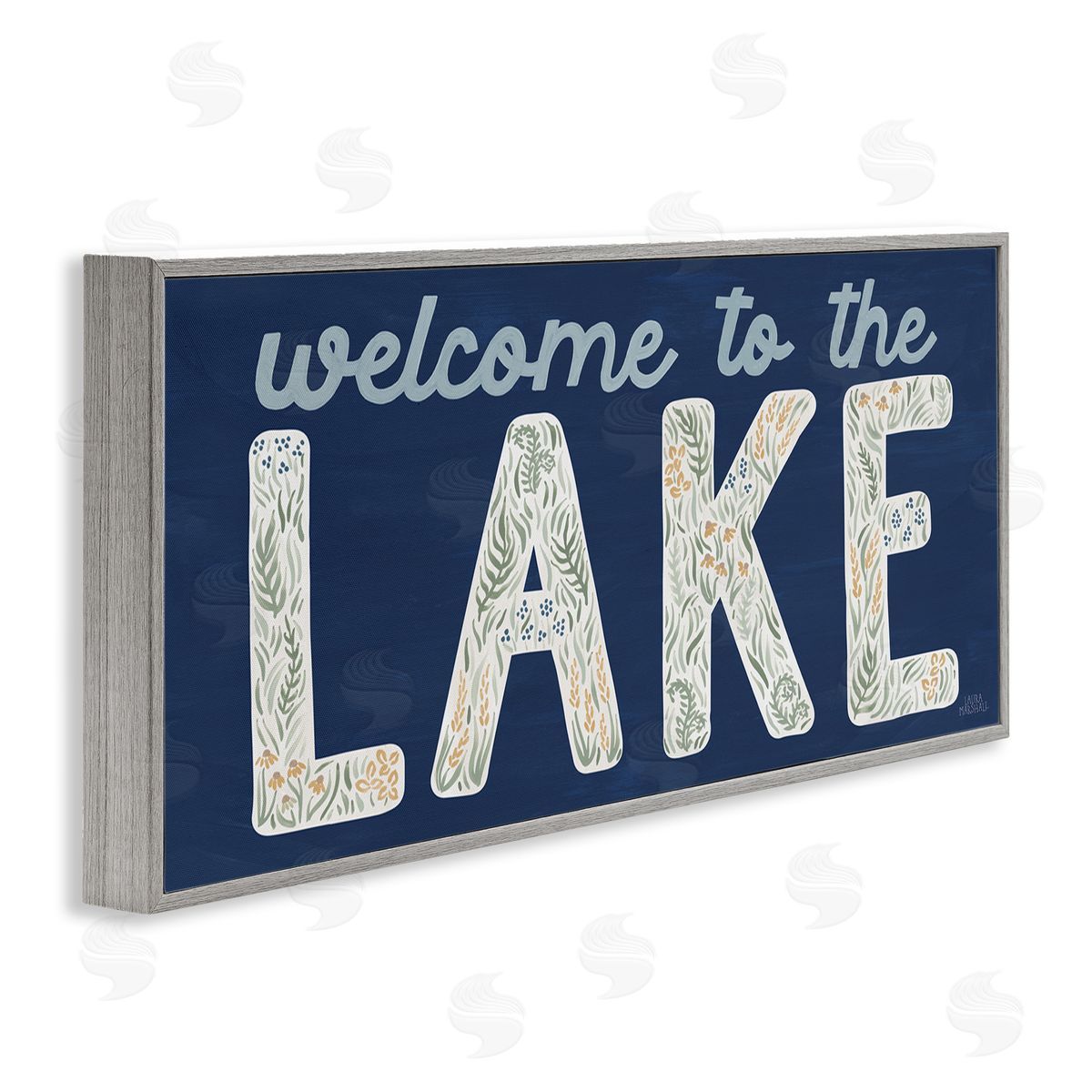 Laura Marshall Welcome Lake Floral Phrase Gray Framed Glicee Wall Art Print