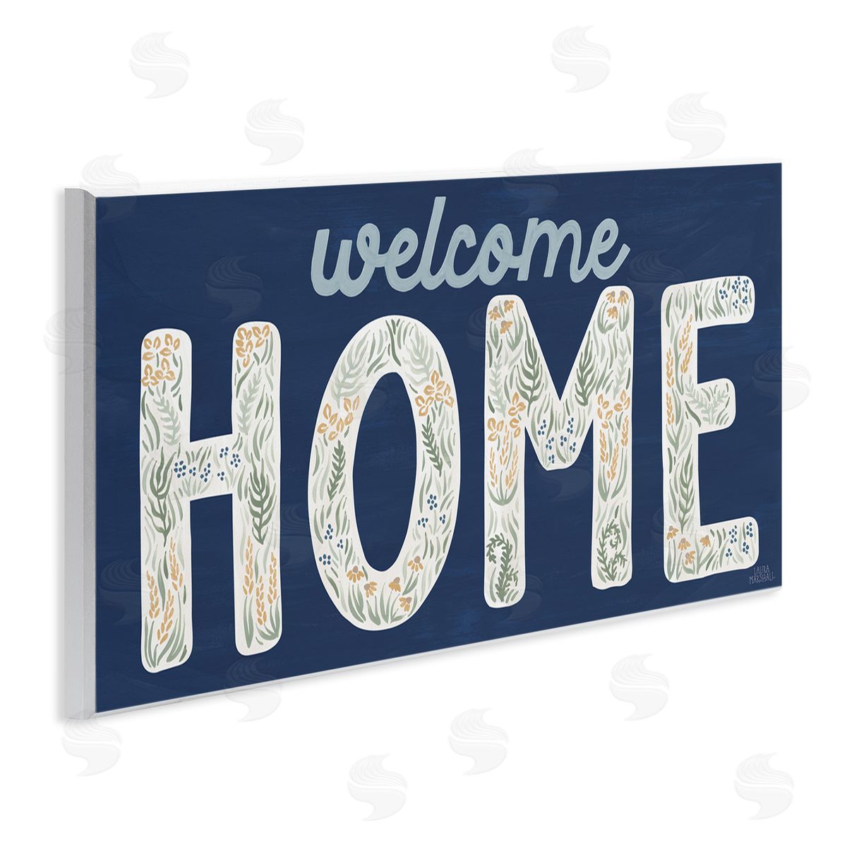 Laura Marshall Floral Welcome Phrase Wooden Wall Plaque Art Print