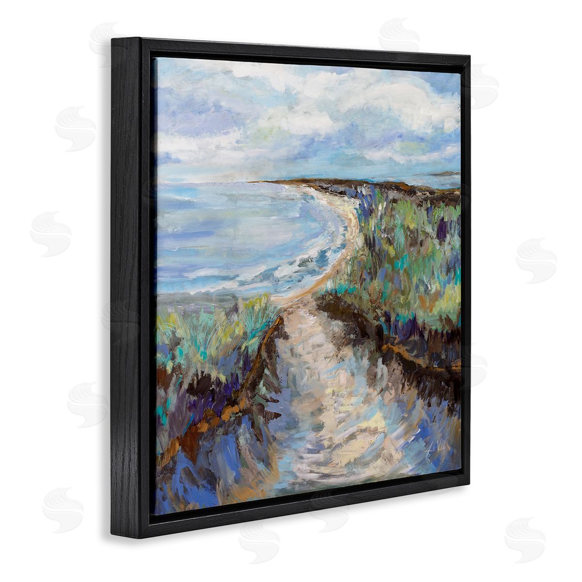 Jeanette Vertentes Cloudy Ocean Coast Painting Black Floating Frame Canvas Wall Art Print