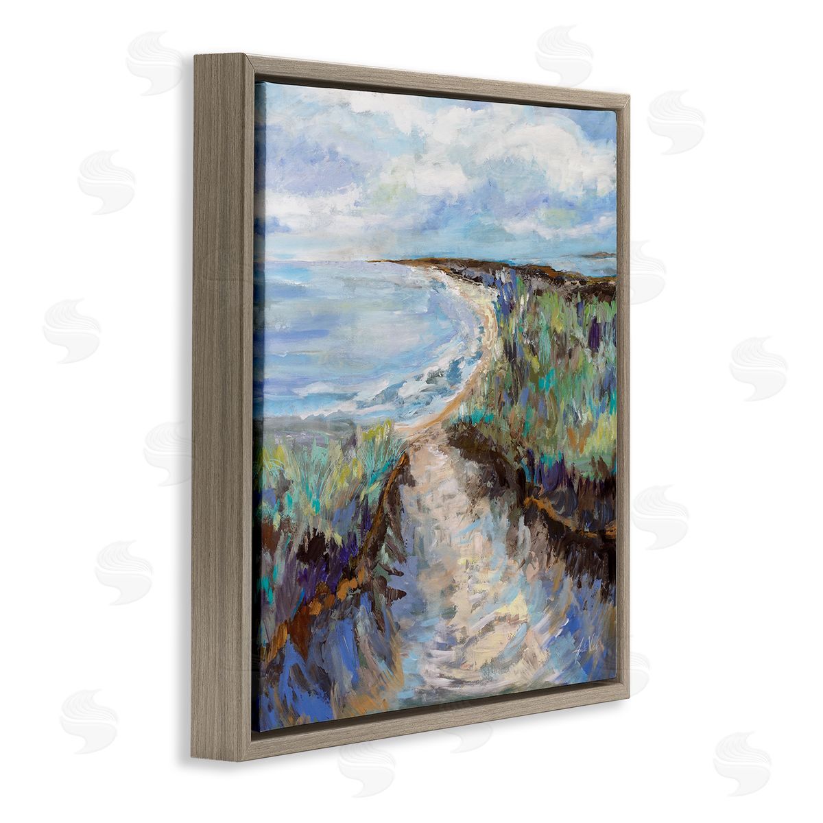 Jeanette Vertentes Cloudy Ocean Coast Painting Brown Floating Frame Canvas Wall Art Print