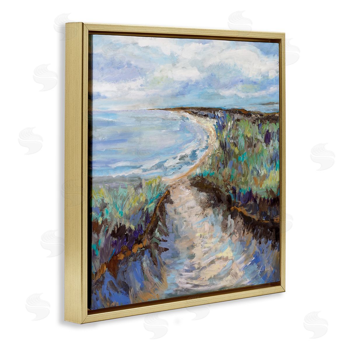 Jeanette Vertentes Cloudy Ocean Coast Painting Gold Floating Frame Canvas Wall Art Print