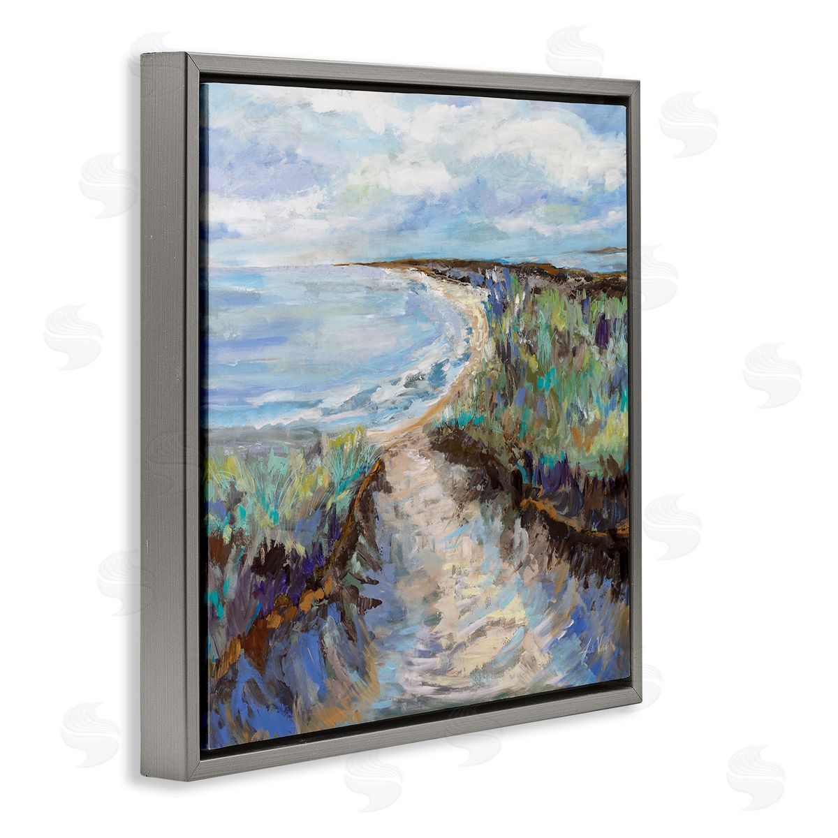 Jeanette Vertentes Cloudy Ocean Coast Painting Gray Floating Frame Canvas Wall Art Print