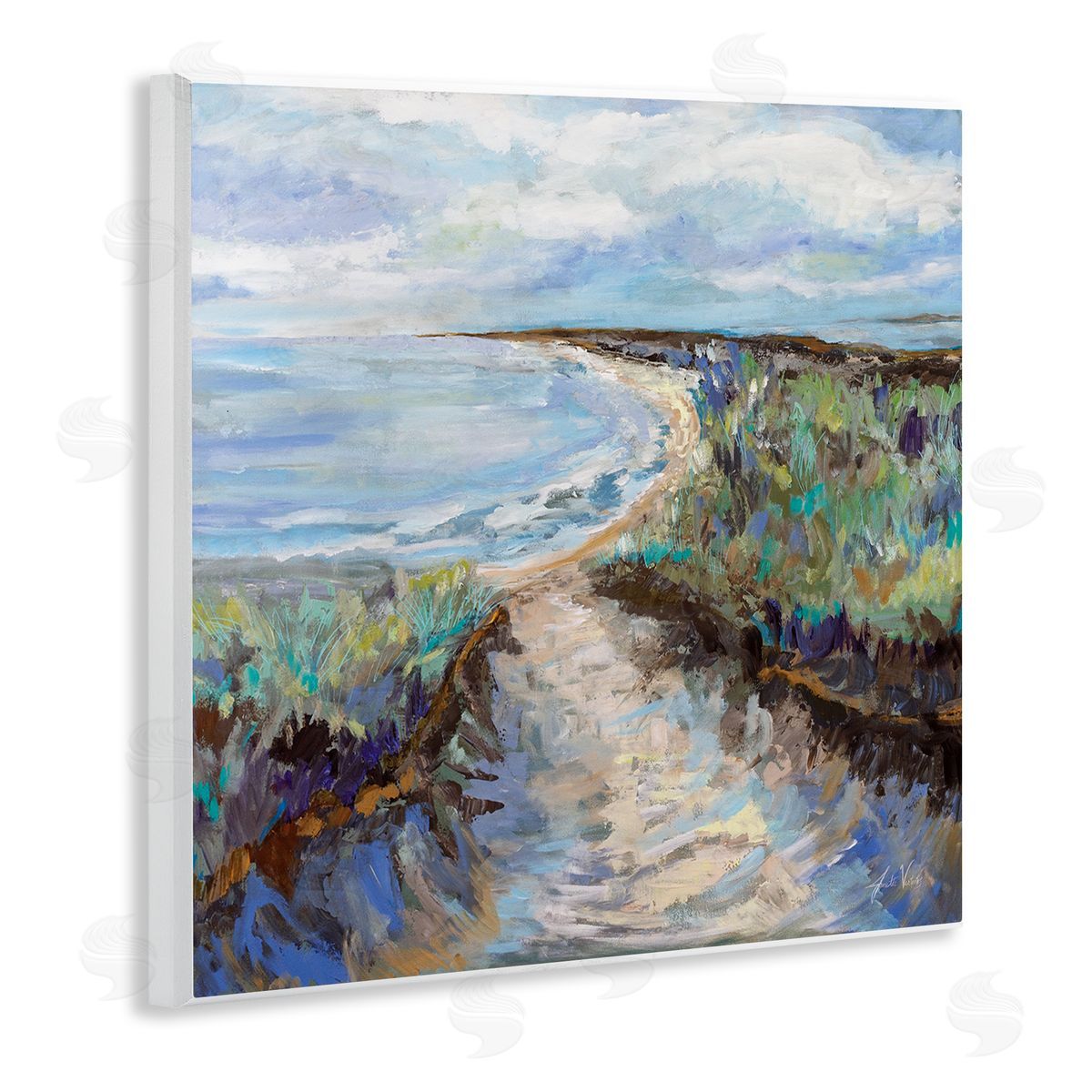 Jeanette Vertentes Cloudy Ocean Coast Painting Wooden Wall Plaque Art Print