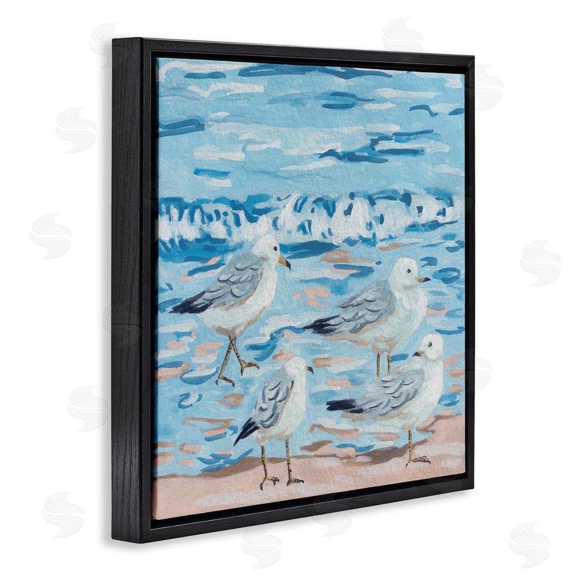 Melissa Wang Modern Sea Birds on Shore Black Floating Frame Canvas Wall Art Print