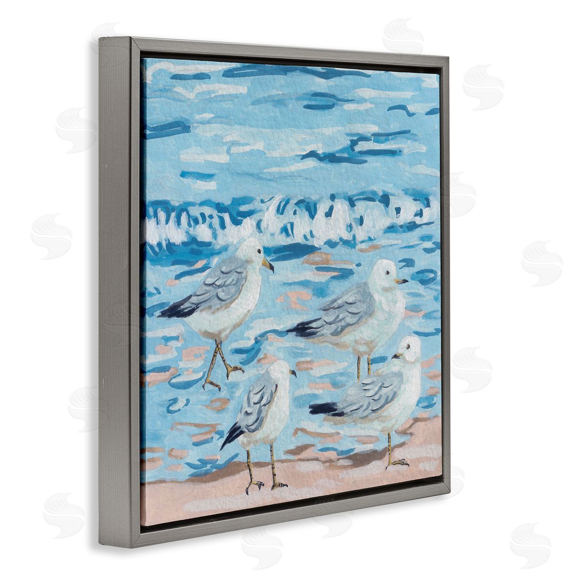 Melissa Wang Modern Sea Birds on Shore Gray Floating Frame Canvas Wall Art Print