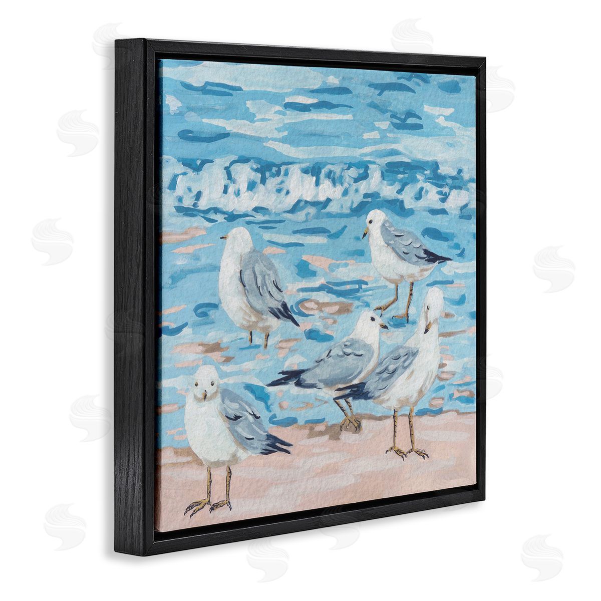 Melissa Wang Seagulls on Beach Shore Black Floating Frame Canvas Wall Art Print