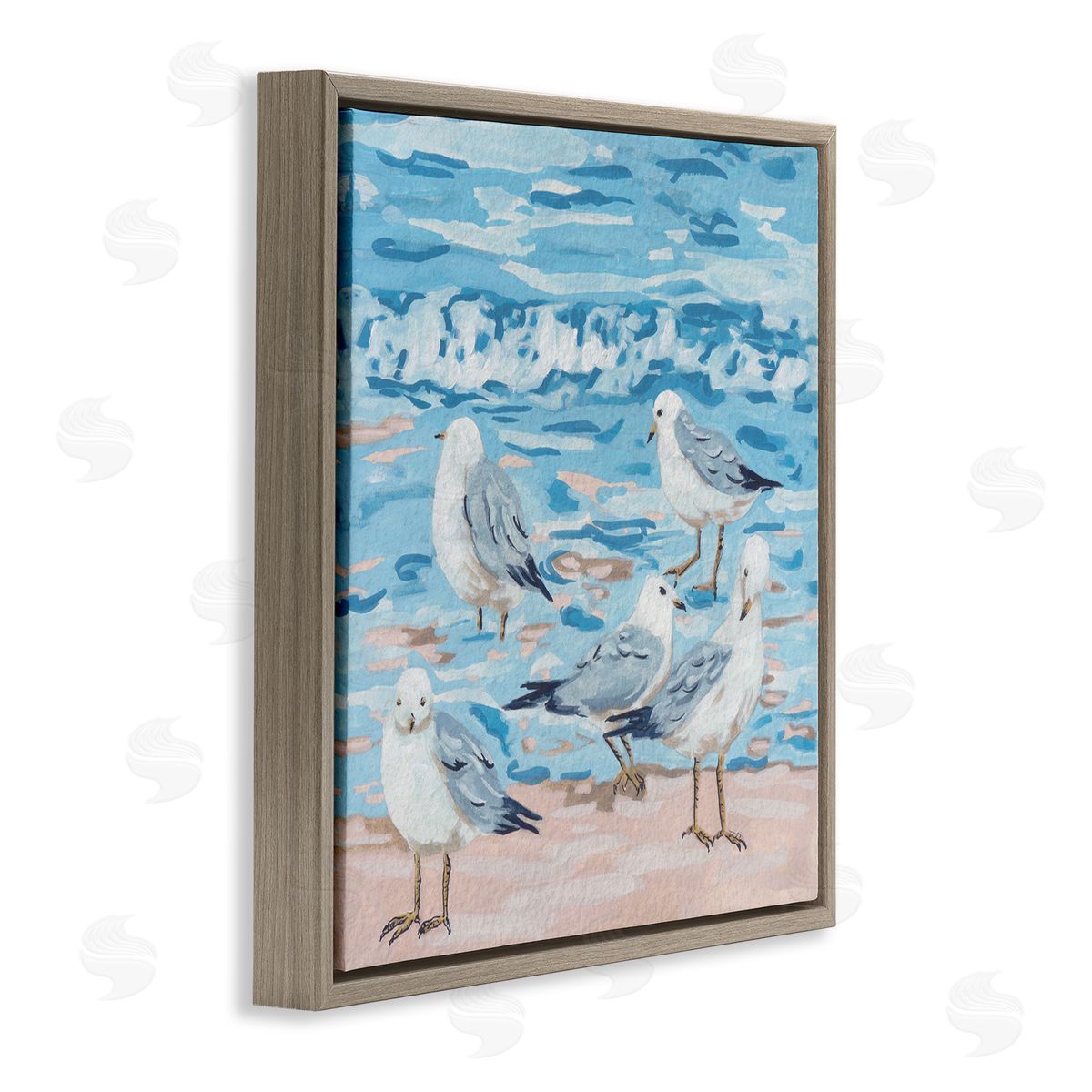 Melissa Wang Seagulls on Beach Shore Brown Floating Frame Canvas Wall Art Print