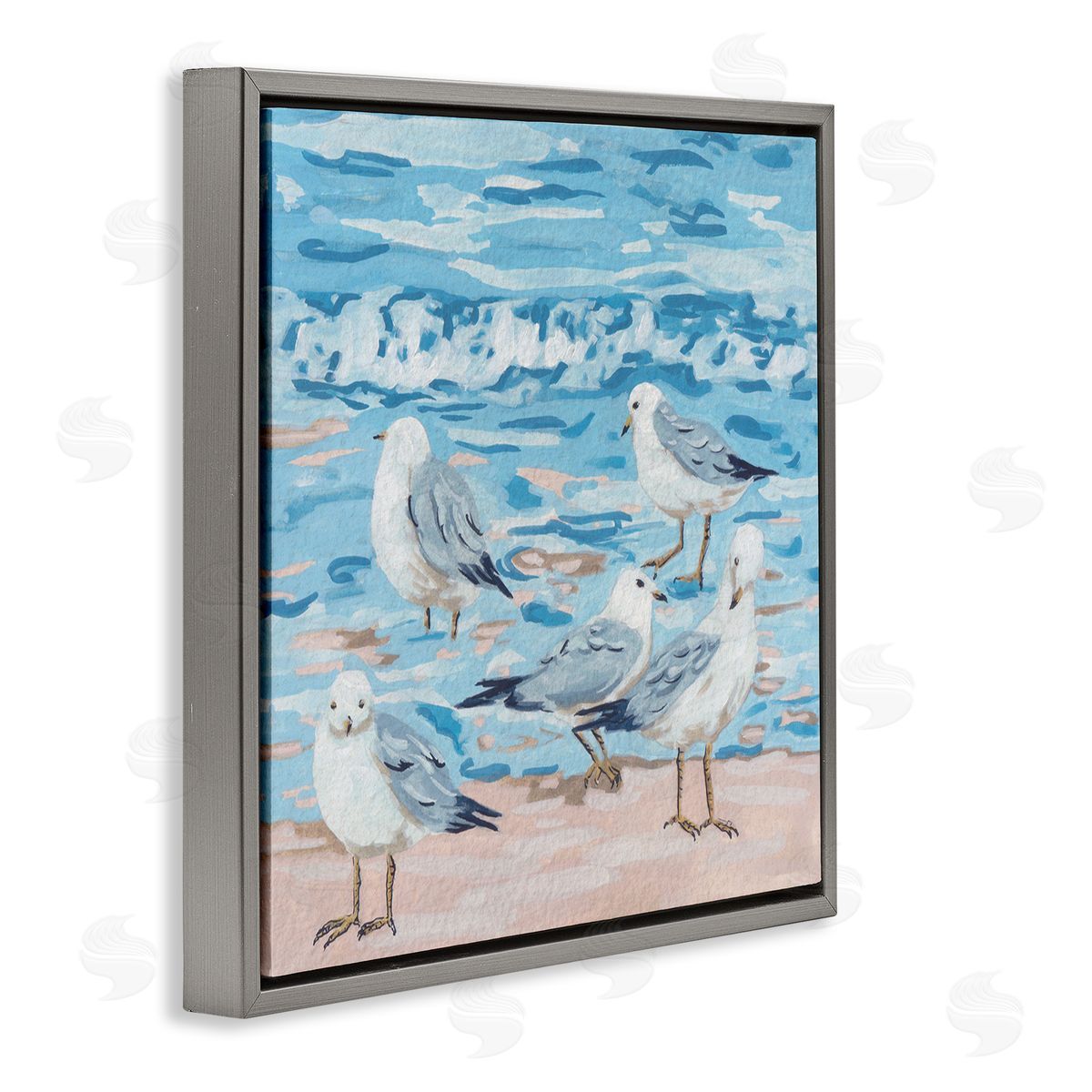 Melissa Wang Seagulls on Beach Shore Gray Floating Frame Canvas Wall Art Print