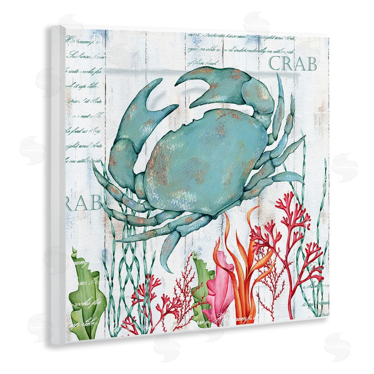 Emma Leach Rustic Crab & Coral Wooden Wall Plaque Art Print