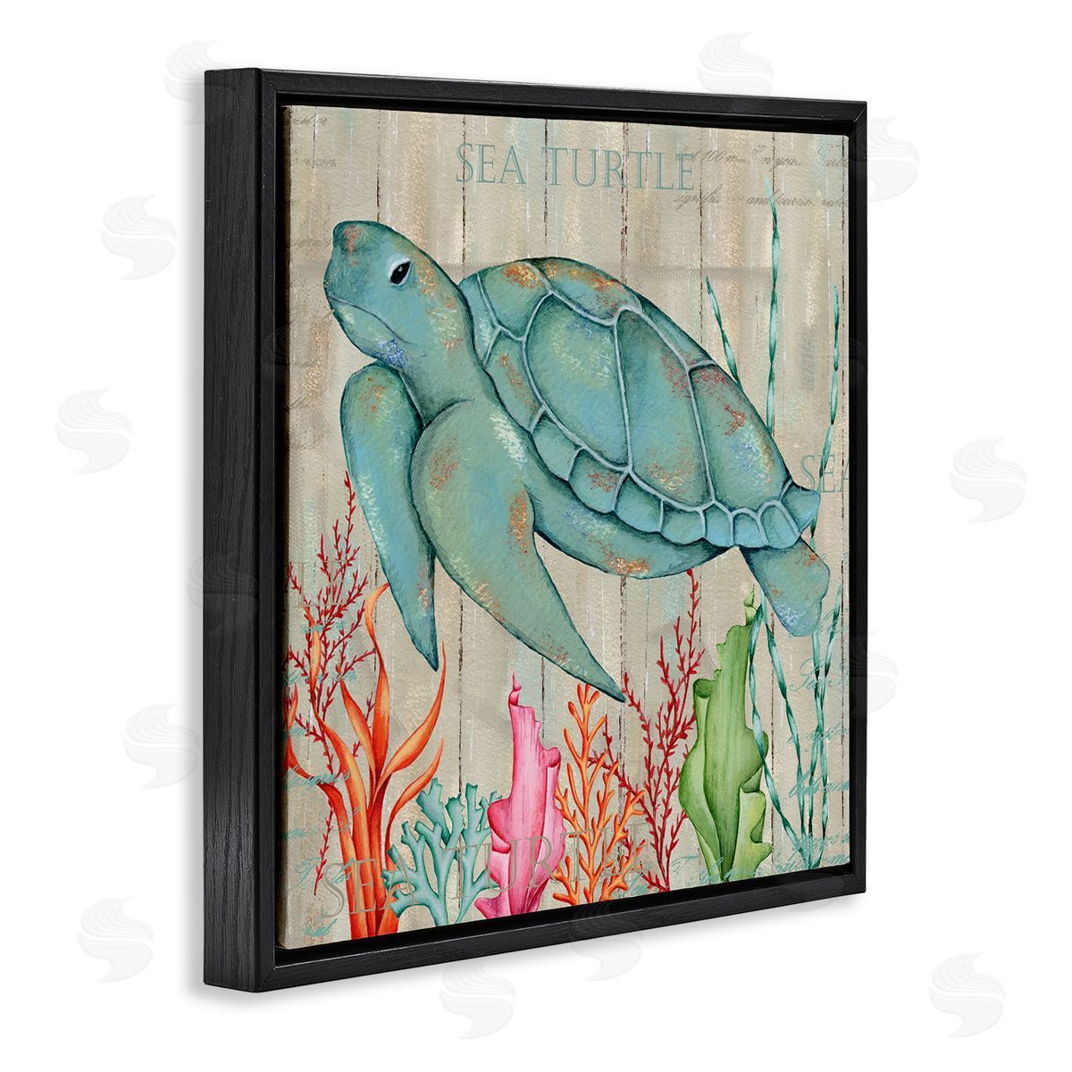 Emma Leach Rustic Sea Turtle Animal Black Floating Frame Canvas Wall Art Print