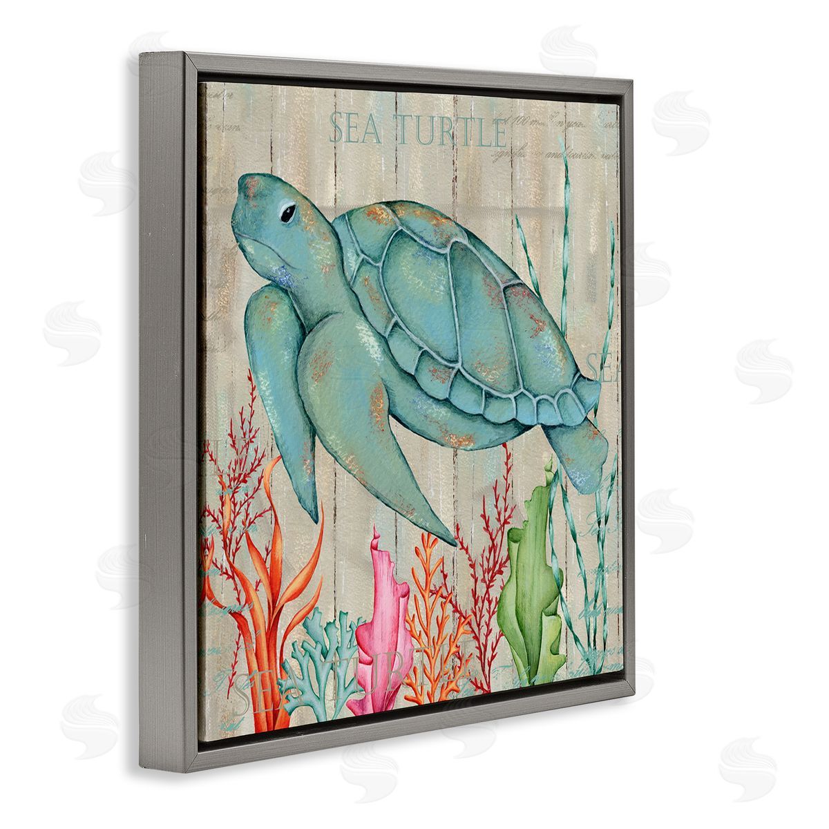 Emma Leach Rustic Sea Turtle Animal Gray Floating Frame Canvas Wall Art Print