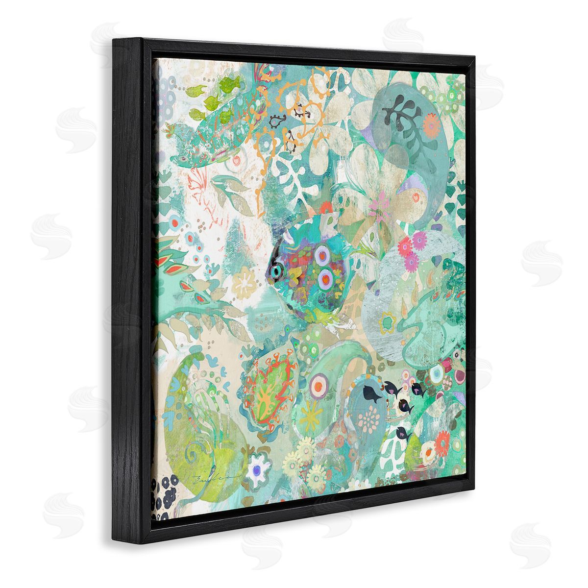 Evelia Designs Green Paisley Fish Pattern Black Floating Frame Canvas Wall Art Print