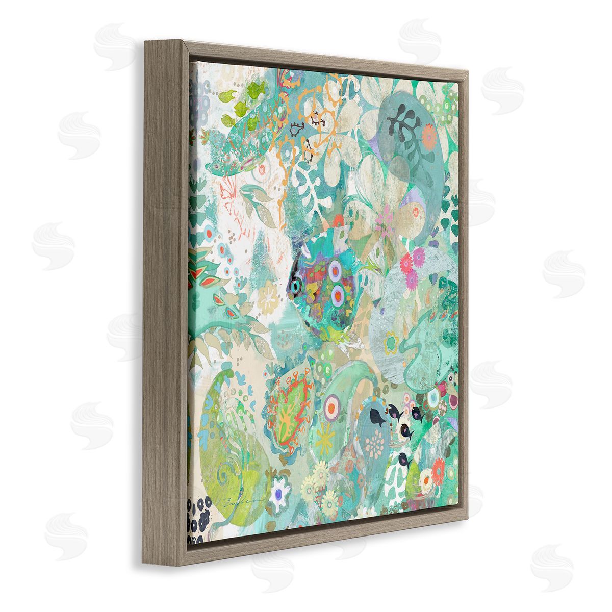 Evelia Designs Green Paisley Fish Pattern Brown Floating Frame Canvas Wall Art Print