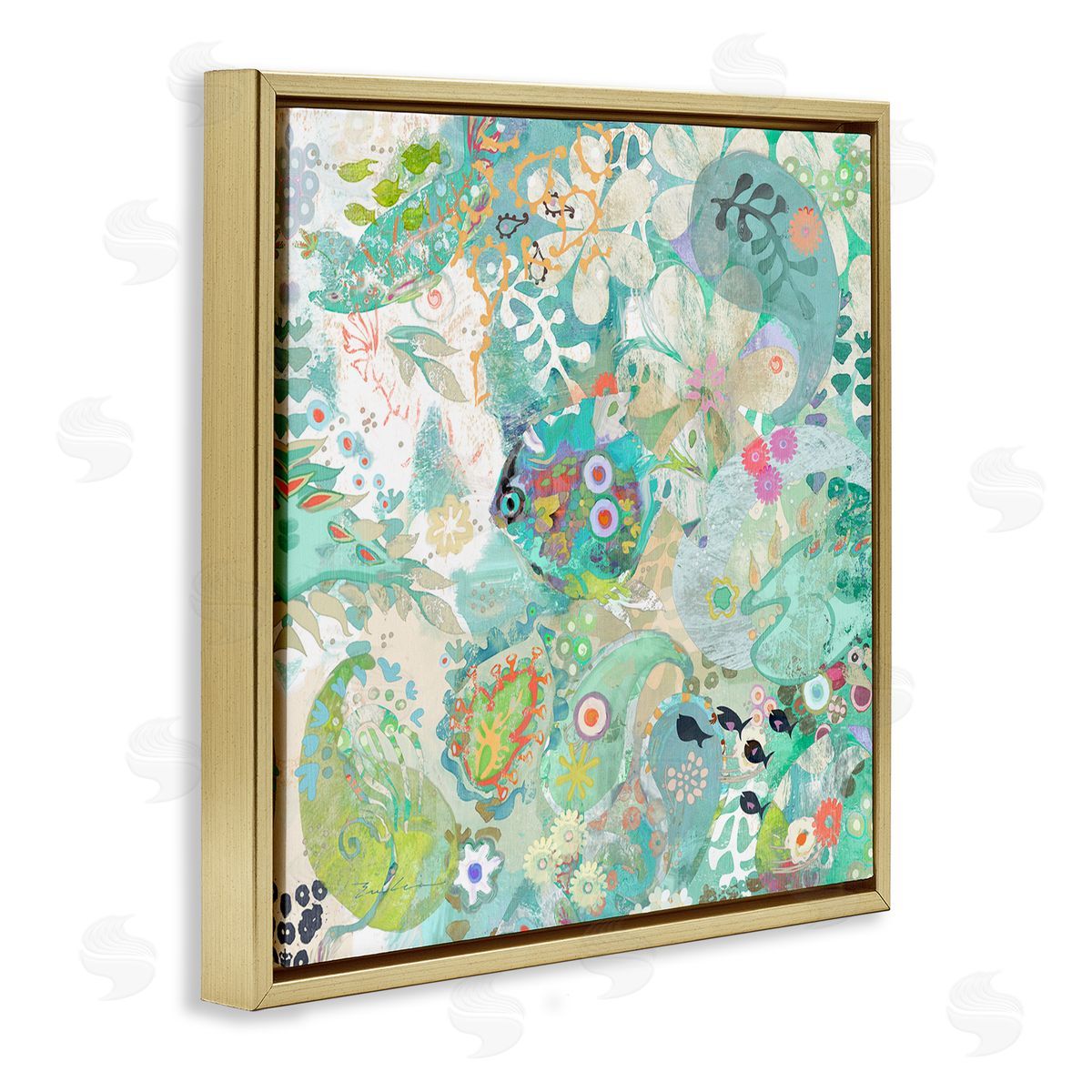 Evelia Designs Green Paisley Fish Pattern Gold Floating Frame Canvas Wall Art Print