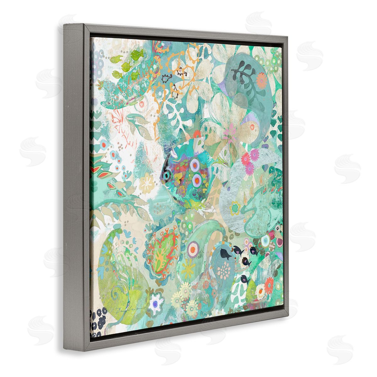Evelia Designs Green Paisley Fish Pattern Gray Floating Frame Canvas Wall Art Print