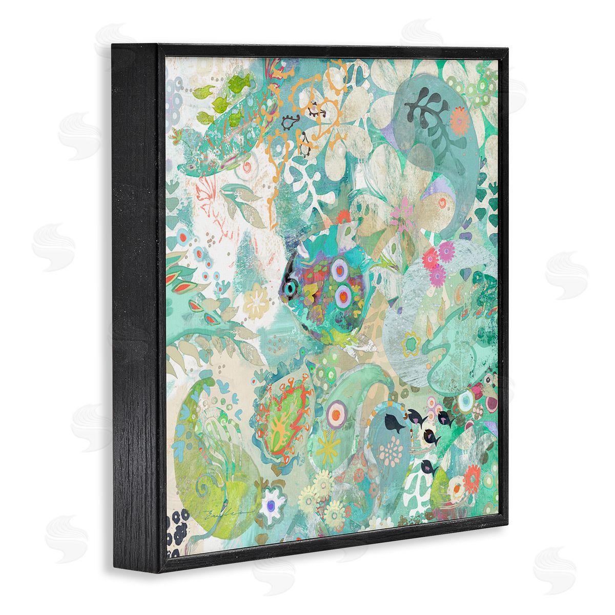 Evelia Designs Green Paisley Fish Pattern Black Framed Glicee Wall Art Print