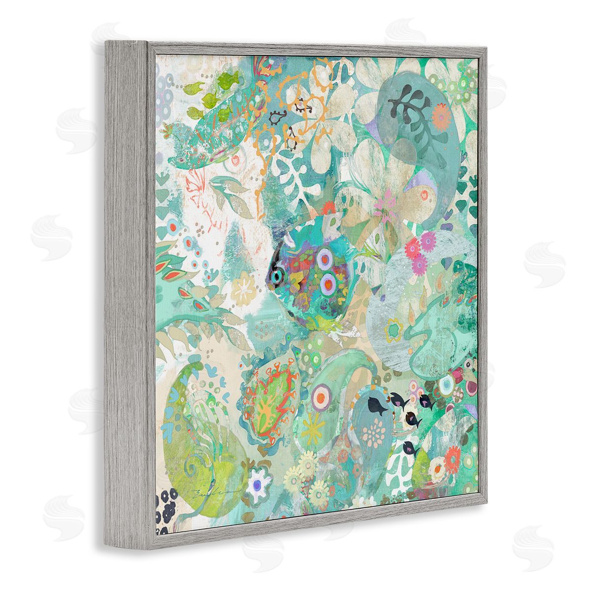 Evelia Designs Green Paisley Fish Pattern Gray Framed Glicee Wall Art Print