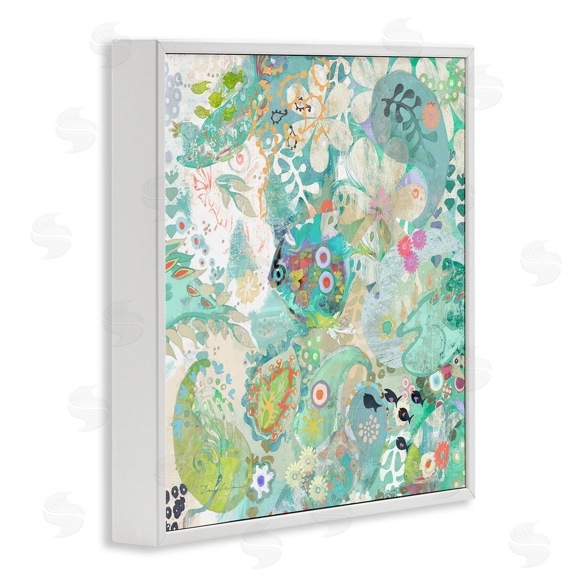 Evelia Designs Green Paisley Fish Pattern White Framed Glicee Wall Art Print