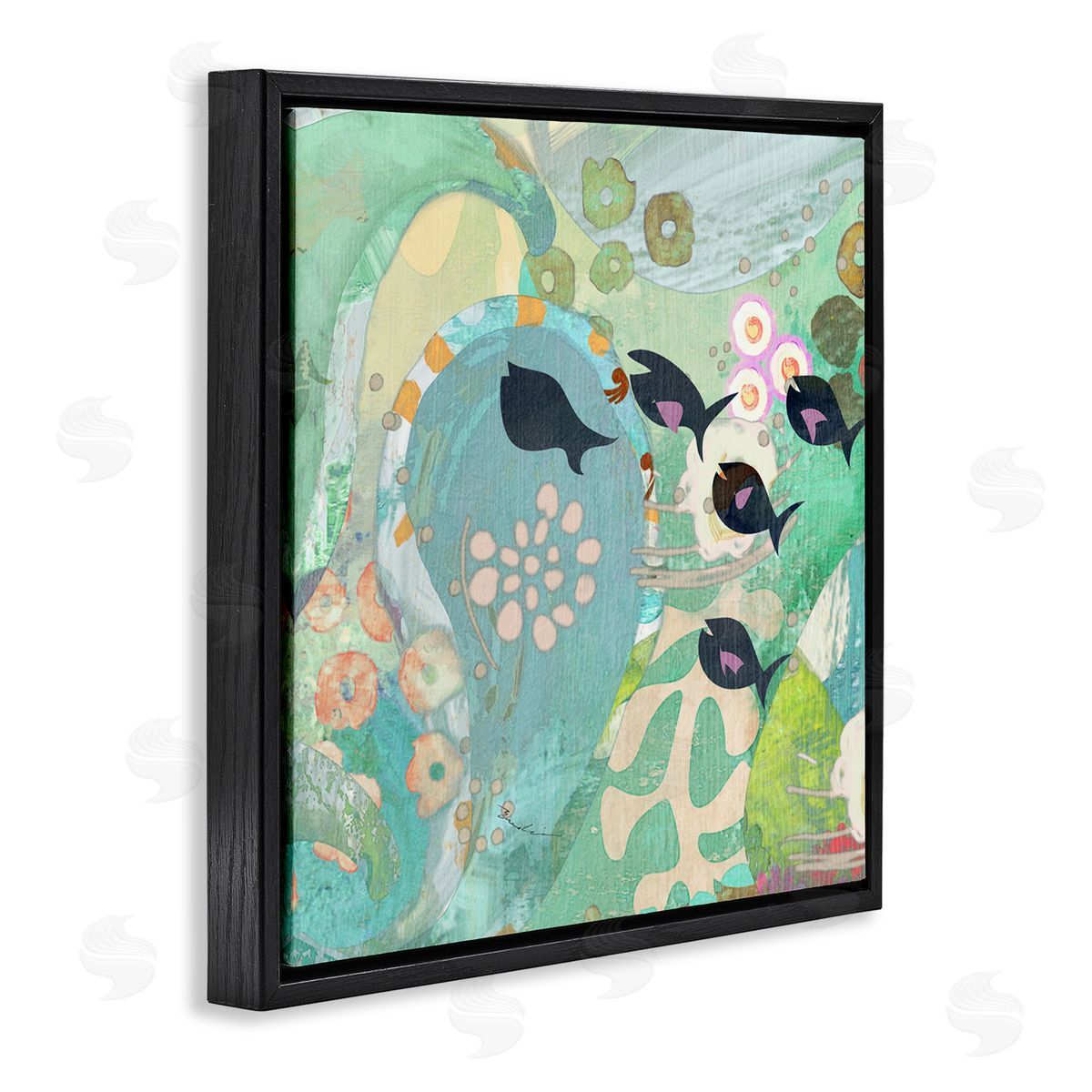 Evelia Designs Green Patterned Fish Collage Black Floating Frame Canvas Wall Art Print