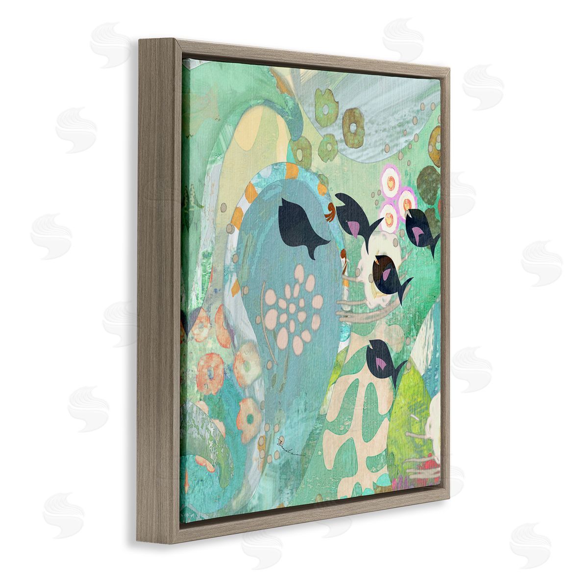 Evelia Designs Green Patterned Fish Collage Brown Floating Frame Canvas Wall Art Print