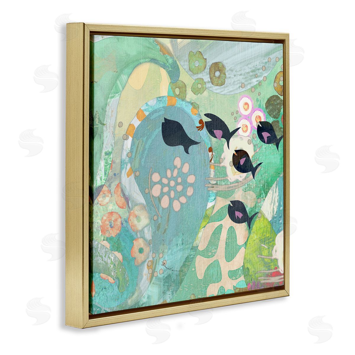 Evelia Designs Green Patterned Fish Collage Gold Floating Frame Canvas Wall Art Print