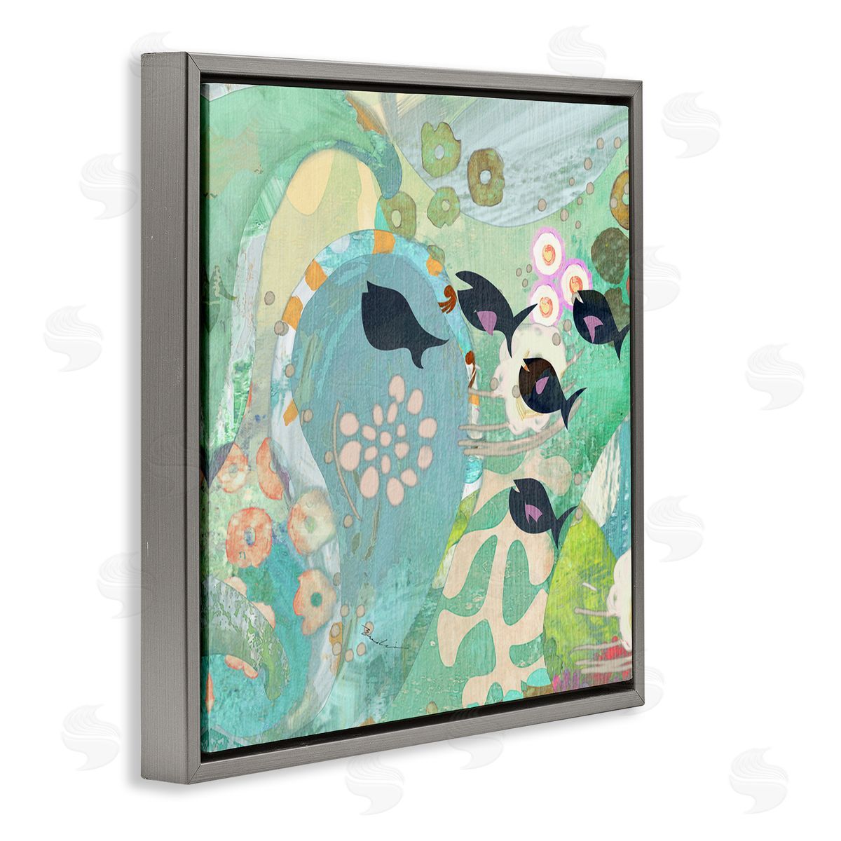 Evelia Designs Green Patterned Fish Collage Gray Floating Frame Canvas Wall Art Print