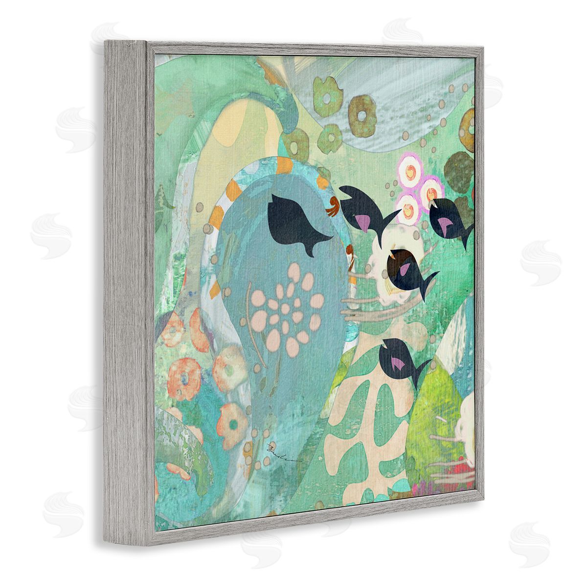Evelia Designs Green Patterned Fish Collage Gray Framed Glicee Wall Art Print