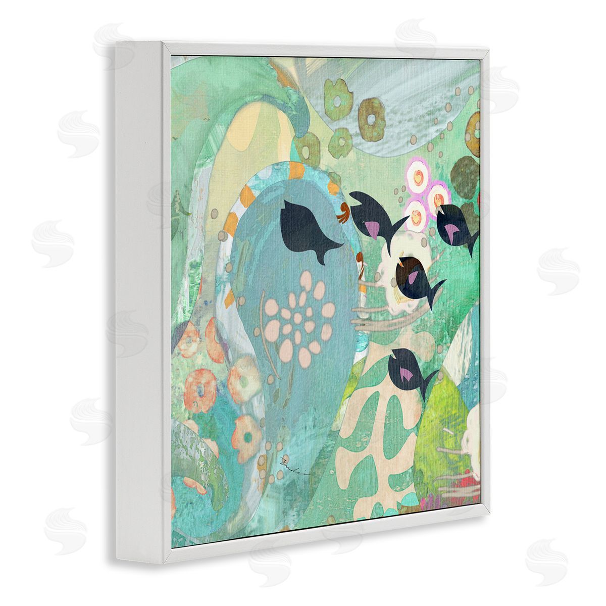 Evelia Designs Green Patterned Fish Collage White Framed Glicee Wall Art Print