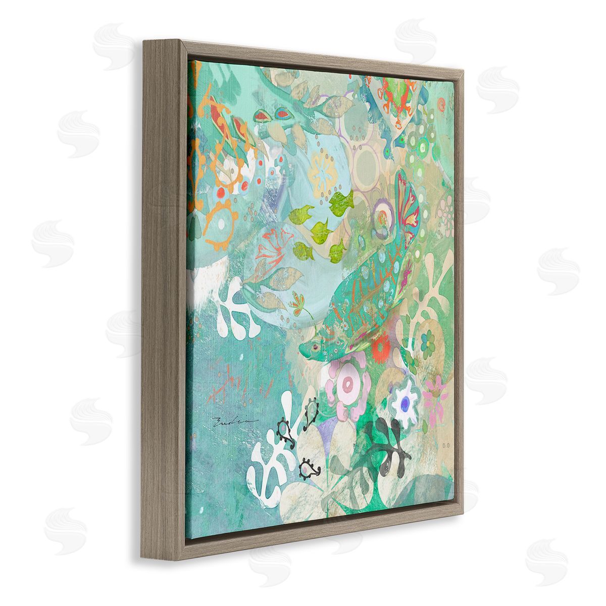 Evelia Designs Paisley Fish Pattern Brown Floating Frame Canvas Wall Art Print