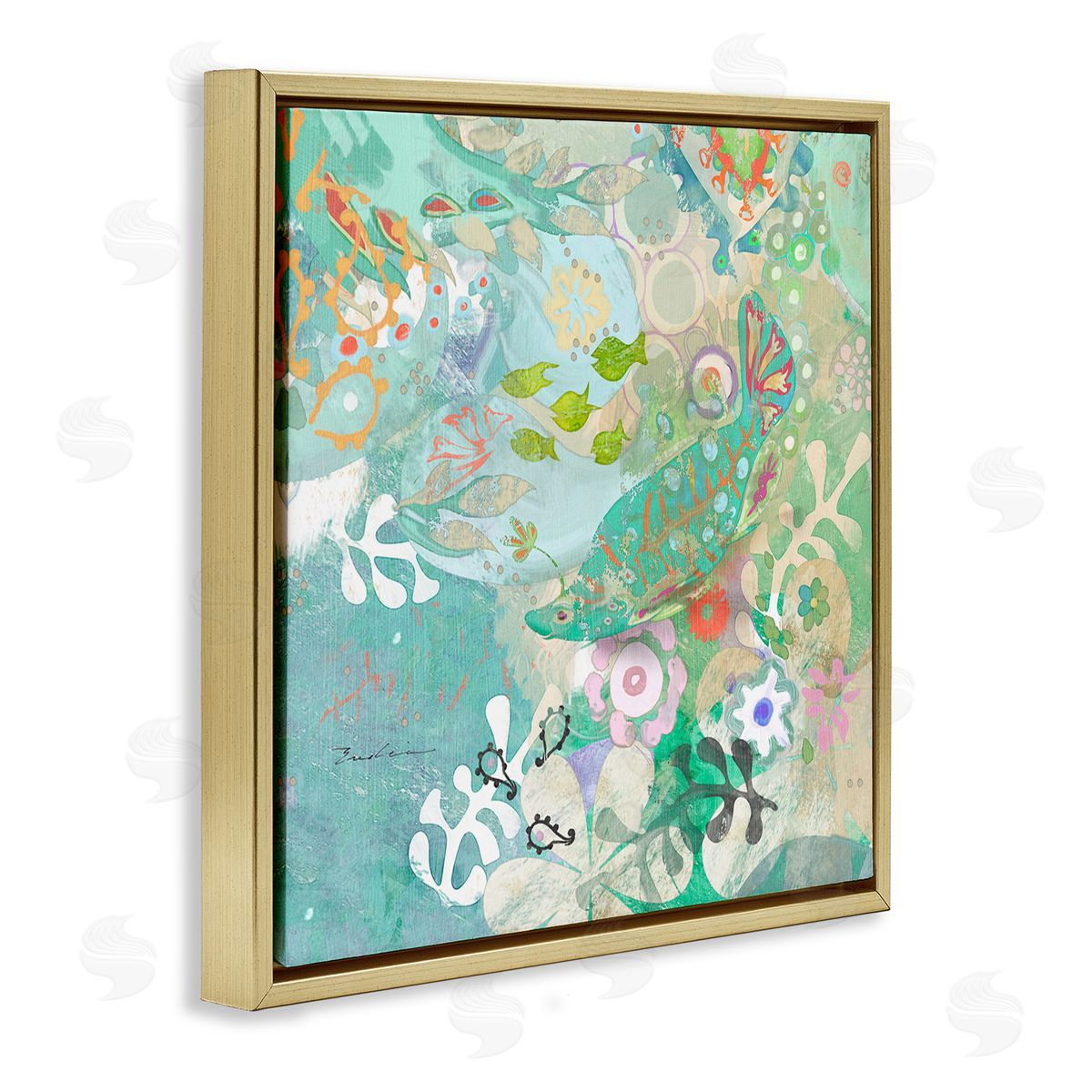 Evelia Designs Paisley Fish Pattern Gold Floating Frame Canvas Wall Art Print