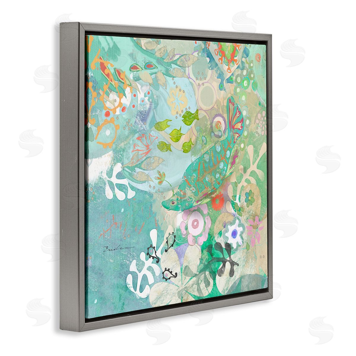Evelia Designs Paisley Fish Pattern Gray Floating Frame Canvas Wall Art Print