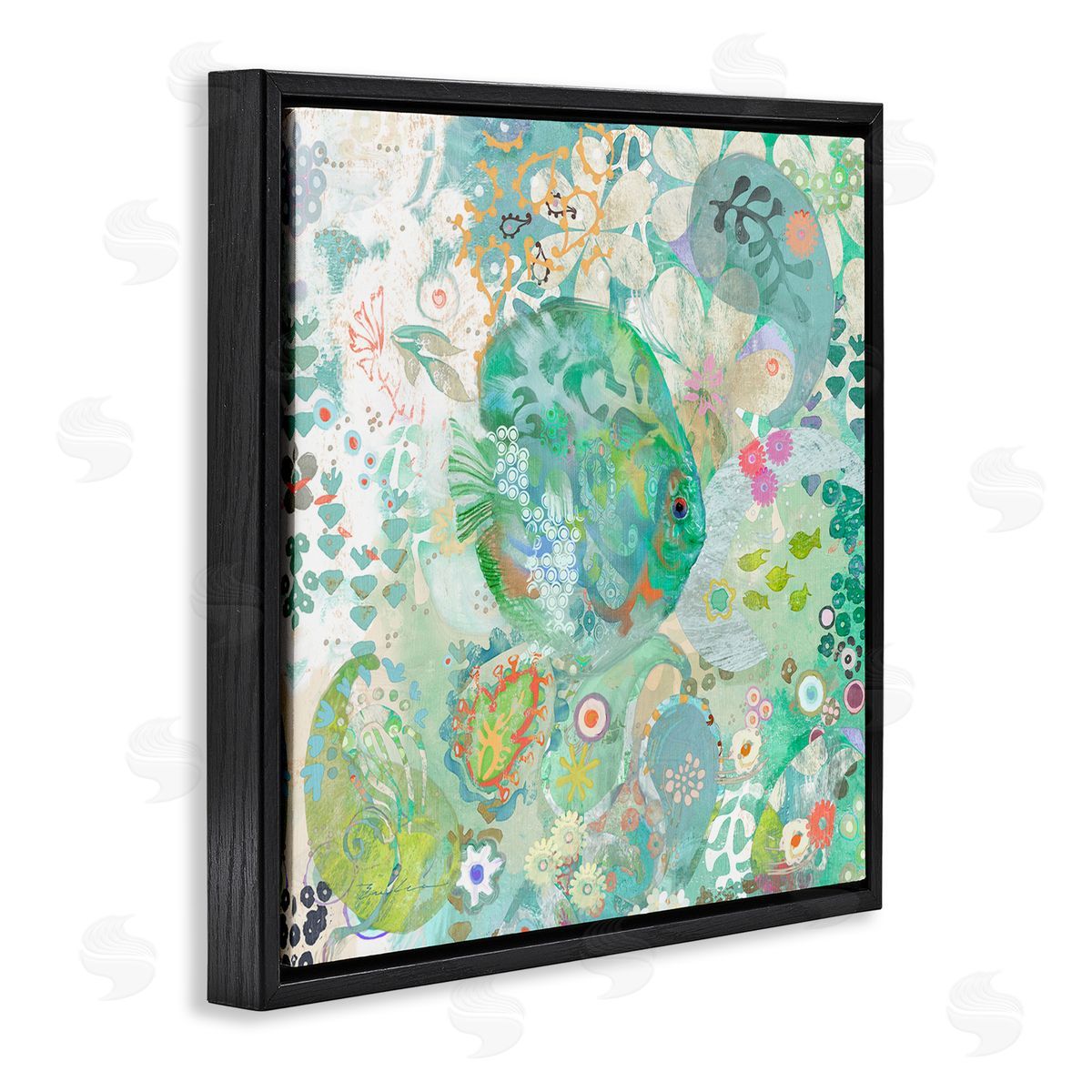Evelia Designs Fish & Coral Pattern Black Floating Frame Canvas Wall Art Print