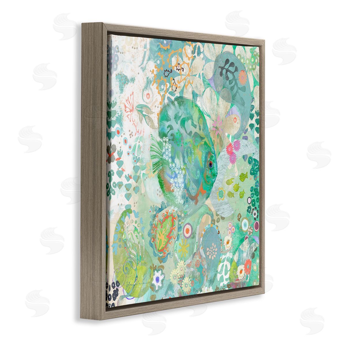 Evelia Designs Fish & Coral Pattern Brown Floating Frame Canvas Wall Art Print