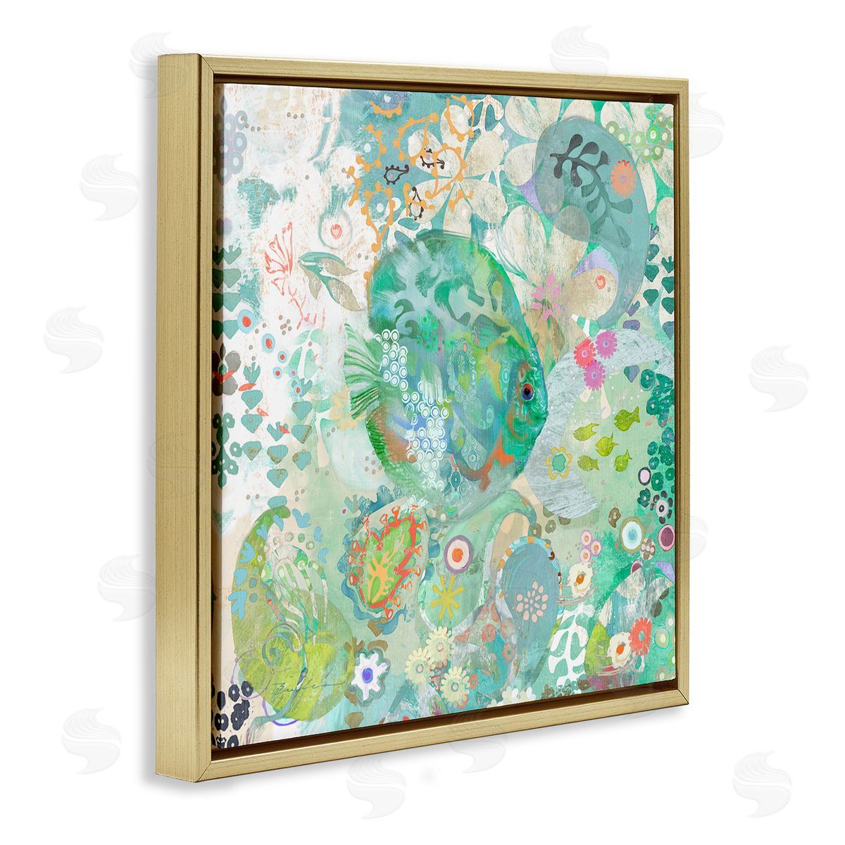 Evelia Designs Fish & Coral Pattern Gold Floating Frame Canvas Wall Art Print