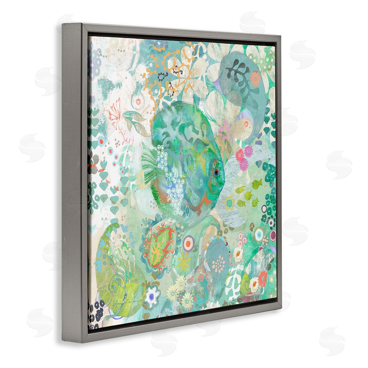 Evelia Designs Fish & Coral Pattern Gray Floating Frame Canvas Wall Art Print