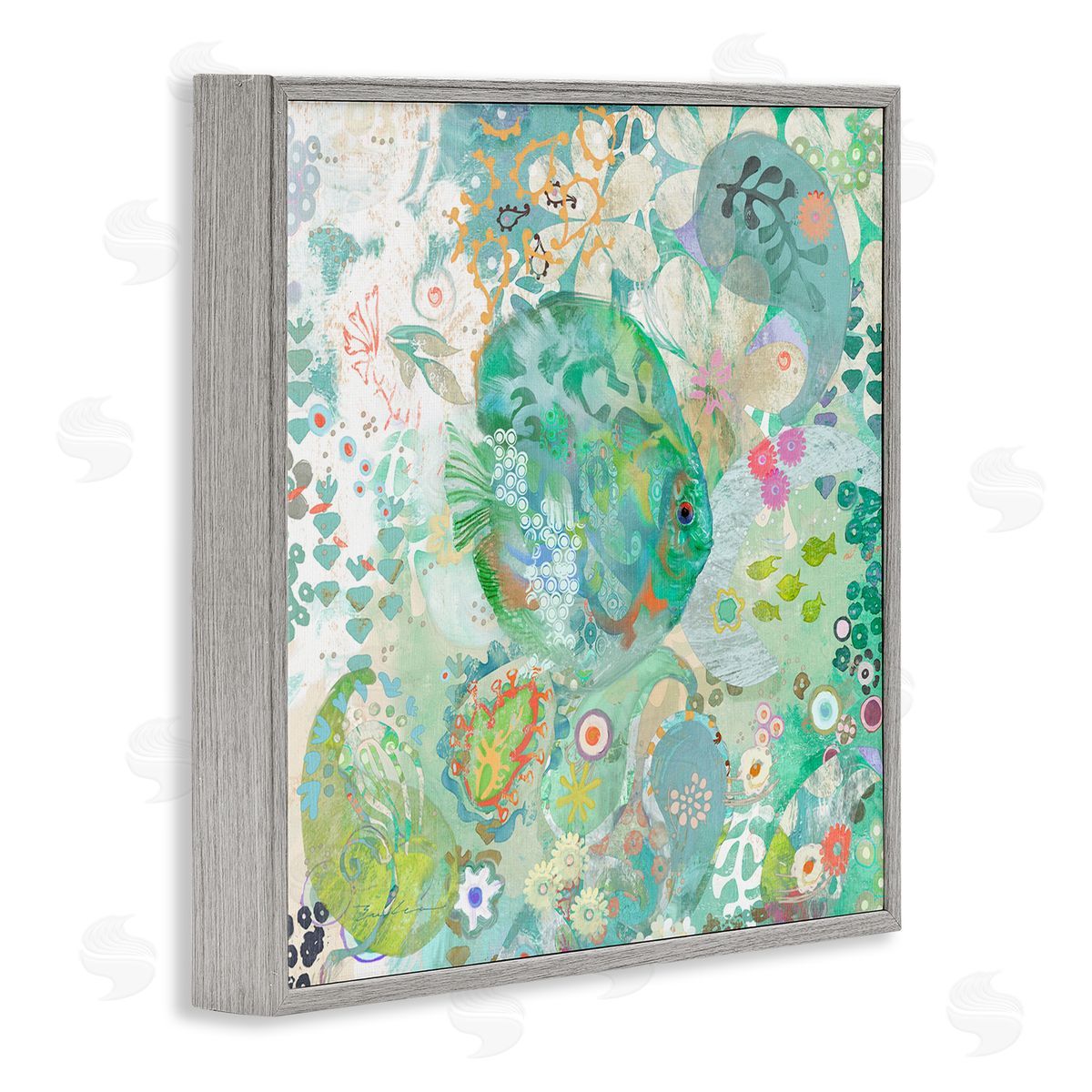 Evelia Designs Fish & Coral Pattern Gray Framed Glicee Wall Art Print