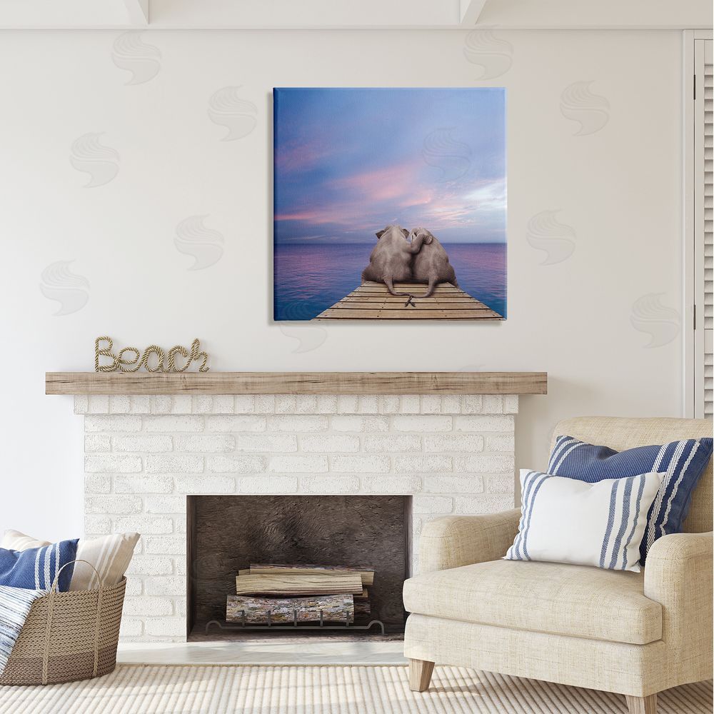 Lund Roeser Elephants Cuddling on Dock Canvas Wall Art in Room