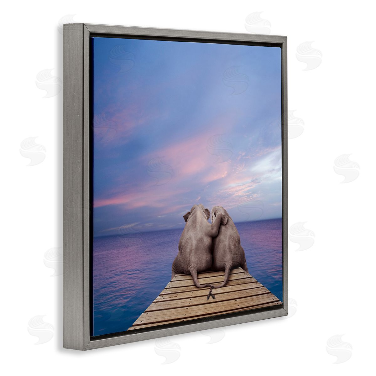 Lund Roeser Elephants Cuddling on Dock Gray Floating Frame Canvas Wall Art Print