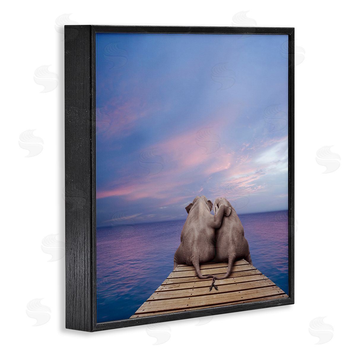 Lund Roeser Elephants Cuddling on Dock Black Framed Glicee Wall Art Print
