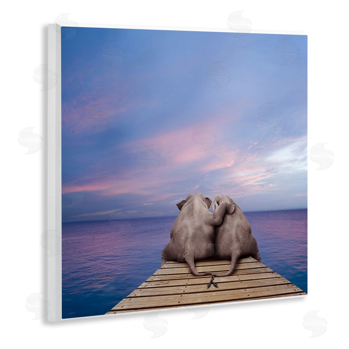 Lund Roeser Elephants Cuddling on Dock Wooden Wall Plaque Art Print