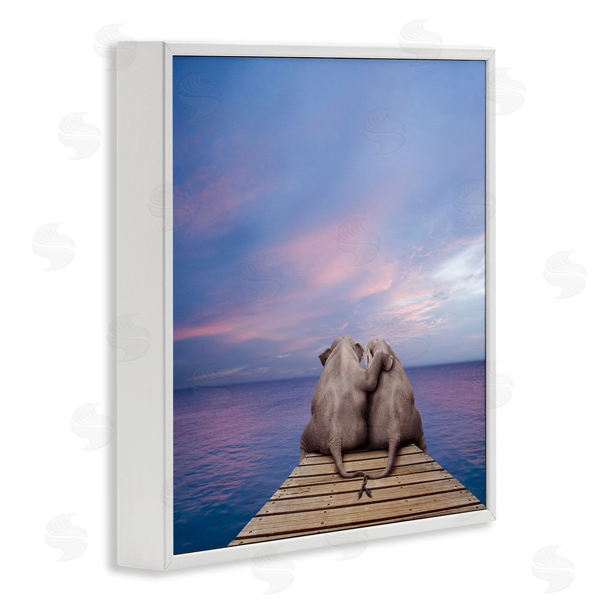 Lund Roeser Elephants Cuddling on Dock White Framed Glicee Wall Art Print