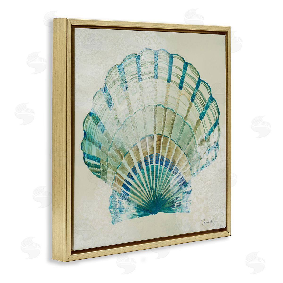 Liz Jardine Muted Blue Clam Shell Gold Floating Frame Canvas Wall Art Print