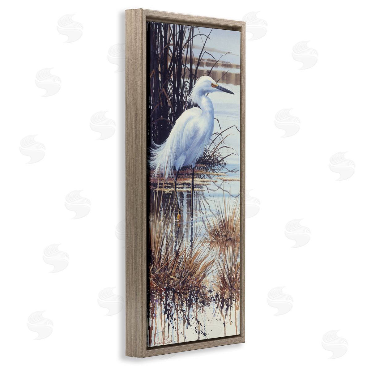Luke Buck Egret with Modern Splash Brown Floating Frame Canvas Wall Art Print